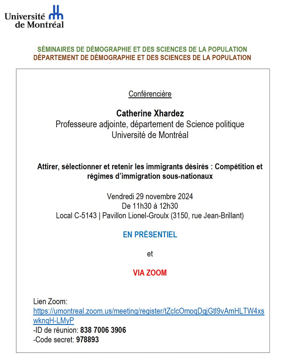 Démographie UdeM (@demo_udem) on Twitter photo 📅 Prochain séminaire : ven. 29 nov. à 11h30.
Nous aurons le plaisir d’accueillir <a href="/CathXhardez/">Catherine Xhardez</a>, professeure adjointe <a href="/Sciencepo_UdeM/">Science politique UdeM</a>, qui présentera: « Attirer, sélectionner et retenir les immigrants désirés : Compétition et régimes d’immigration sous-nationaux ». <a href="/FASNouvelles/">FAS-UMontréal</a> 📅 Prochain séminaire : ven. 29 nov. à 11h30.
Nous aurons le plaisir d’accueillir <a href="/CathXhardez/">Catherine Xhardez</a>, professeure adjointe <a href="/Sciencepo_UdeM/">Science politique UdeM</a>, qui présentera: « Attirer, sélectionner et retenir les immigrants désirés : Compétition et régimes d’immigration sous-nationaux ». <a href="/FASNouvelles/">FAS-UMontréal</a>