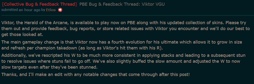 Viktor VGU Feedback Thread. Main gameplay changes are his new ult evolution that increases size with kills and a W rescript that makes stacks more consistent, slow buffs, and slows after stuns reddit.com/r/LeaguePBE/co…