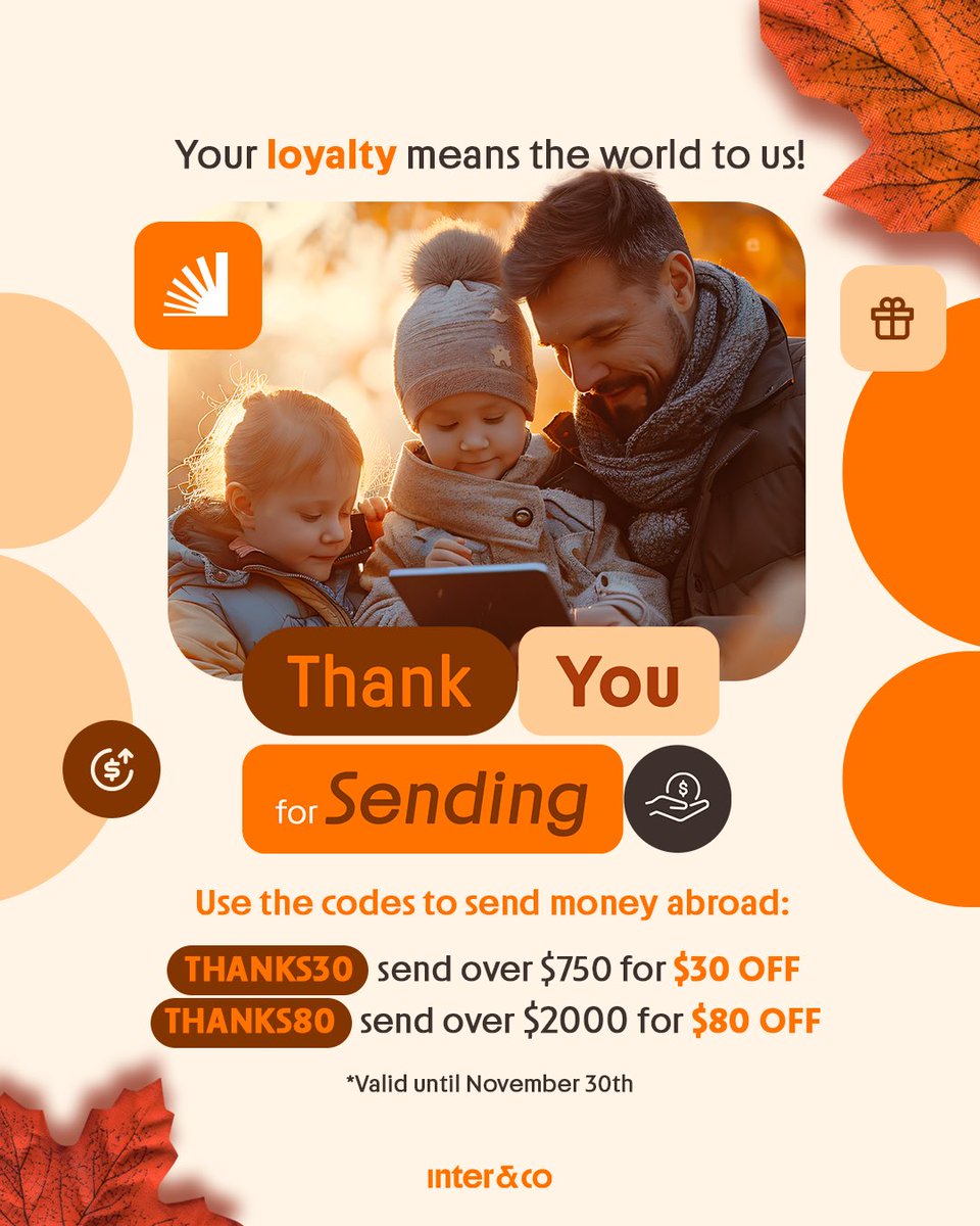 inter_us's tweet image. As a token of our appreciation, enjoy discounted fees when you send money using the code THANKS30 or THANKS80 this holiday season! ✨

*Terms &amp;amp; Codintions apply. One use per client.

#InterCo #SendMoney #thanksgiving #Gratitude