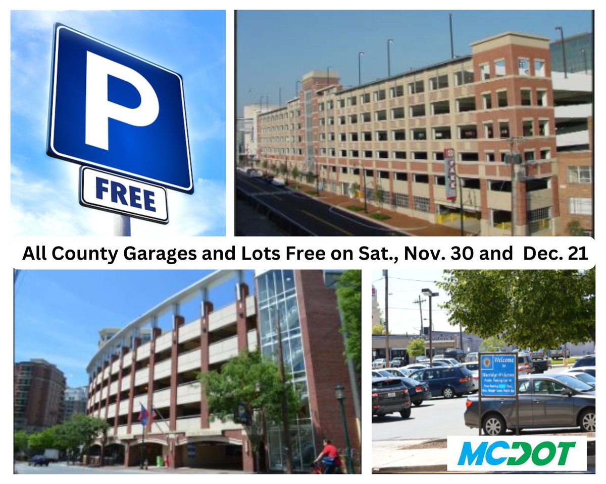 🅿️NEW🅿️
MCDOT is offering #free parking at ALL County-owned garages and lots on Saturday, Nov. 30 and Saturday, Dec. 21. ⭐️NOTE⭐️Parking fees at ALL on-street meters will still be enforced👮‍♀️on both days.
Details▶️tinyurl.com/2s3akthy
<a href="/MCCCMD/">MCCCMD</a> <a href="/BCCCenter/">B-CC Regional Services - Peter Fosselman, Director</a> <a href="/GSSChamber/">GSSCC</a>