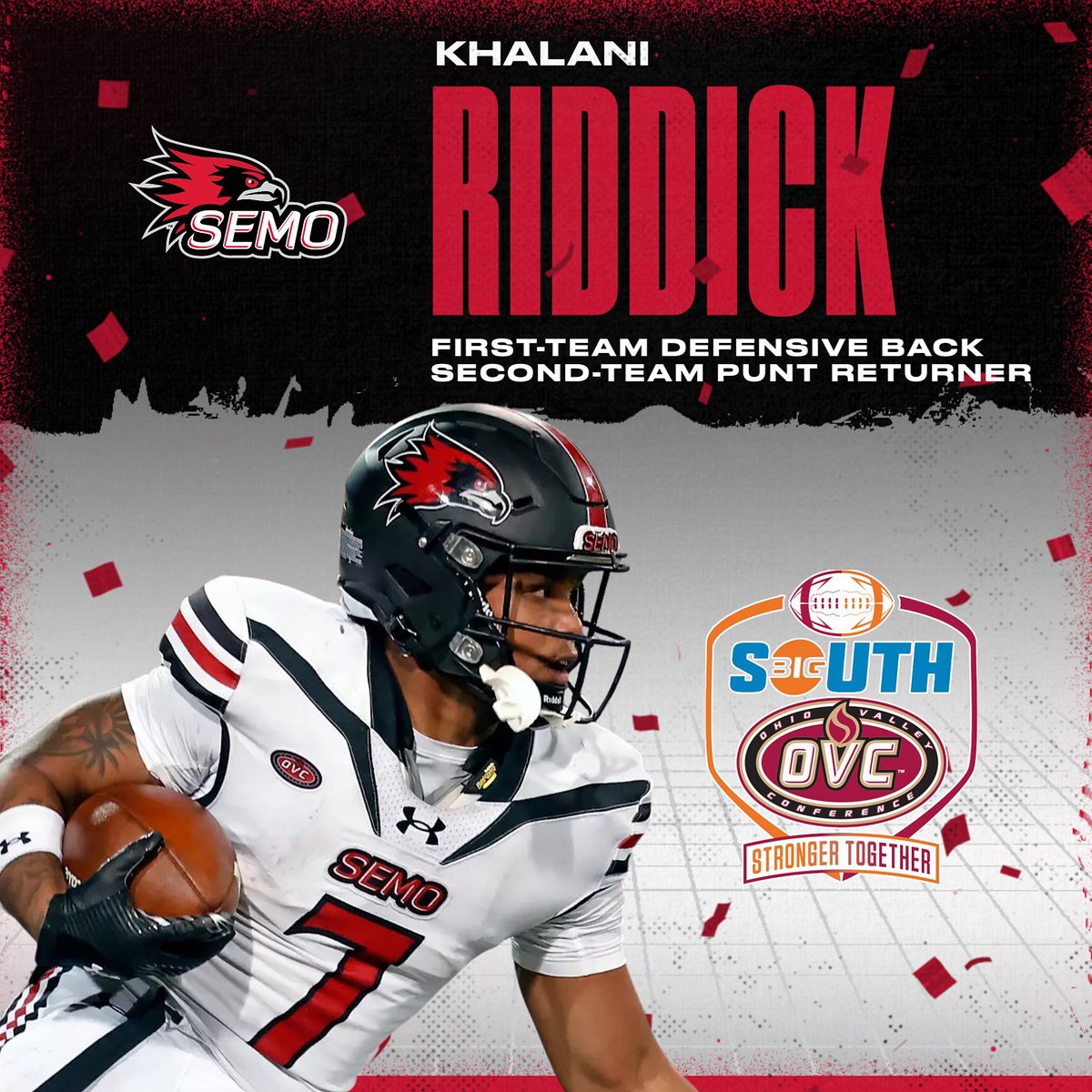 FIRST-TEAM ALL-BIG SOUTH-OVC defensive back Khalani Riddick is tied for second on the team with 82 tackles. Riddick also earned second-team all-conference honors as a punt returner.