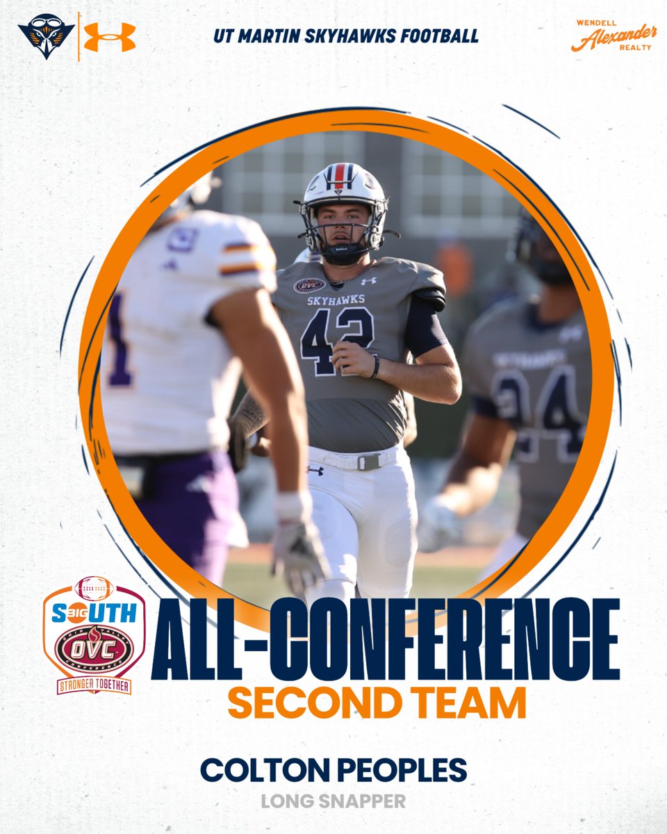 ETHAN_RECLAIM's tweet photo. 🟠 BIG SOUTH-OVC SECOND TEAM🔵

Congratulations to @UTM_Football long snapper Colton Peoples on being named to the @BigSouthOVCFB second team!

#MartinMade | #BigSouthOVCFB https://t.co/E05RpEXdHL