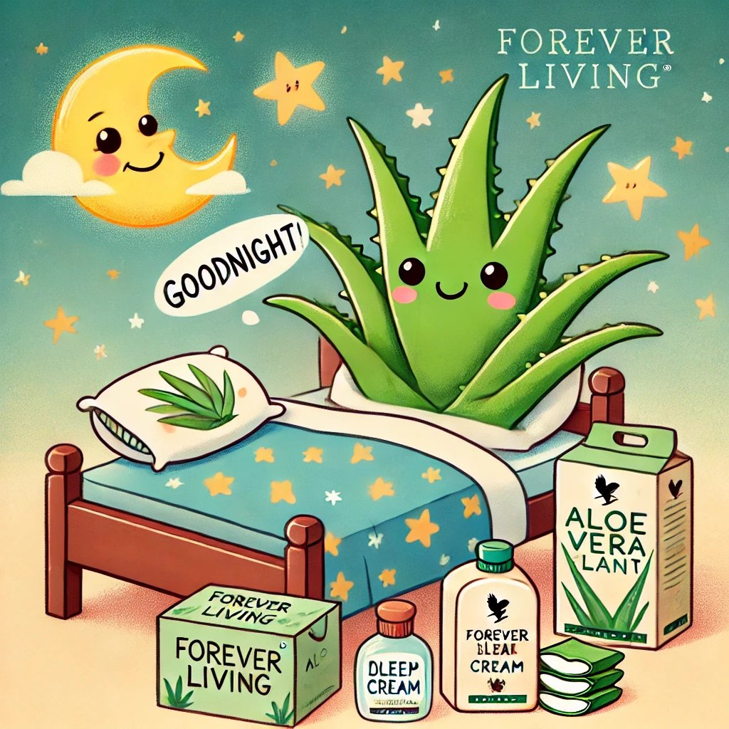 Goodnight, everyone! Remember, life’s tough, but aloe vera is tougher—especially when it’s helping you glow in your dreams! Sweet dreams from me and Forever Living! 🌙💚"