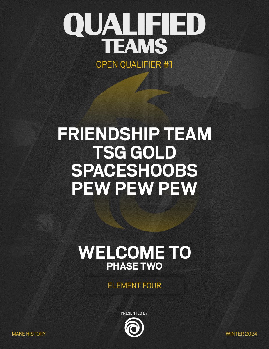Rainbow Six Esports NA (@r6esportsna) on Twitter photo Qualifier #1 is over and we would love to congratulate our first 4 teams advancing to Phase 2.
#FriendshipTeam (EX-LG)
<a href="/ORG_TSG/">True Synergy Gaming</a>
<a href="/SpaceShoobs/">SpaceShoobs!</a>
#PewPewPew
Just like them you can also qualify & make it. You have one more shot at it.
This Friday we go next 😈 Qualifier #1 is over and we would love to congratulate our first 4 teams advancing to Phase 2.
#FriendshipTeam (EX-LG)
<a href="/ORG_TSG/">True Synergy Gaming</a>
<a href="/SpaceShoobs/">SpaceShoobs!</a>
#PewPewPew
Just like them you can also qualify & make it. You have one more shot at it.
This Friday we go next 😈