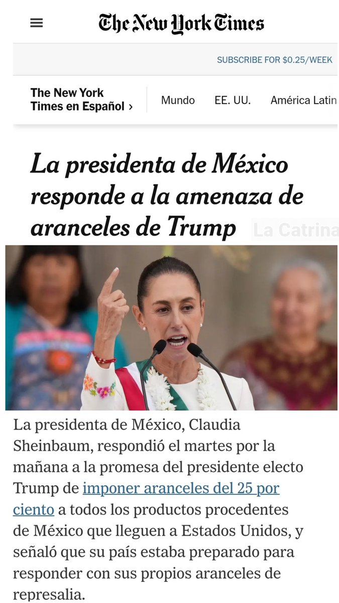 #ULTIMAHORA 
🚨 NUESTRA PRESIDENTA ACAPARA TITULAR DEL #NewYorkTimes 

Muestran como <a href="/Claudiashein/">Claudia Sheinbaum Pardo</a> NO LE TIENE MIEDO a Trump y como está dispuesta a pegarles con aranceles también a EU en donde más les duele.

Tenemos Mucha Presidenta...