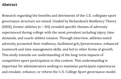 JofInterSport's tweet image. New article to showcase:
Adversity and Resiliency: Athlete Experiences within U.S. College Sport
By @ErianneWeight, Jack Haroldson, @mollypageharry, & @Rudd_Me
journals.ku.edu/jis/article/vi…