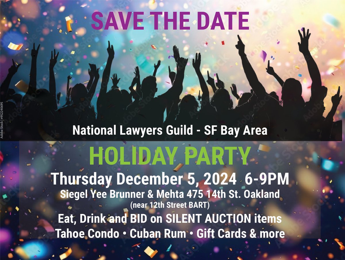 Help support our work &amp; continuous fight in the streets!

Time to eat, drink, &amp; be merry with your Guild comrades: Join the NLG-SFBA for our Holiday Party, Thurs 12/5 in Oakland 🎉

Come get your holiday gifts at the silent action!

RSVP: link in bio or email membership@nlgsf.org