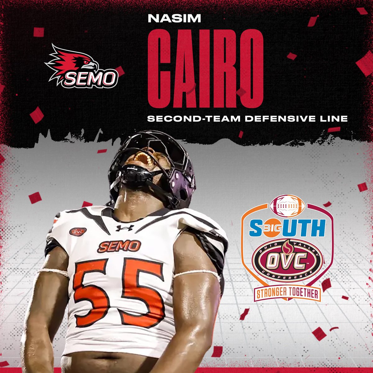 SECOND-TEAM ALL-BIG SOUTH-OVC defensive lineman Nasim Cairo recorded 24 tackles and stands tied for second on the team with four sacks.