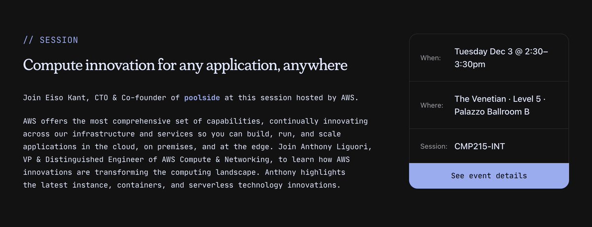 Eiso Kant (@eisokant) on Twitter photo .<a href="/poolsideai/">poolside</a> will be at re:Invent next week – if you’re in Vegas and want to see what we’ve been doing in the last 18 months, I’ll be on stage with Anthony Liguori at 2:30pm local time next Tuesday. 
More details here → poolside.ai/reinvent ⛱️ .<a href="/poolsideai/">poolside</a> will be at re:Invent next week – if you’re in Vegas and want to see what we’ve been doing in the last 18 months, I’ll be on stage with Anthony Liguori at 2:30pm local time next Tuesday. 
More details here → poolside.ai/reinvent ⛱️