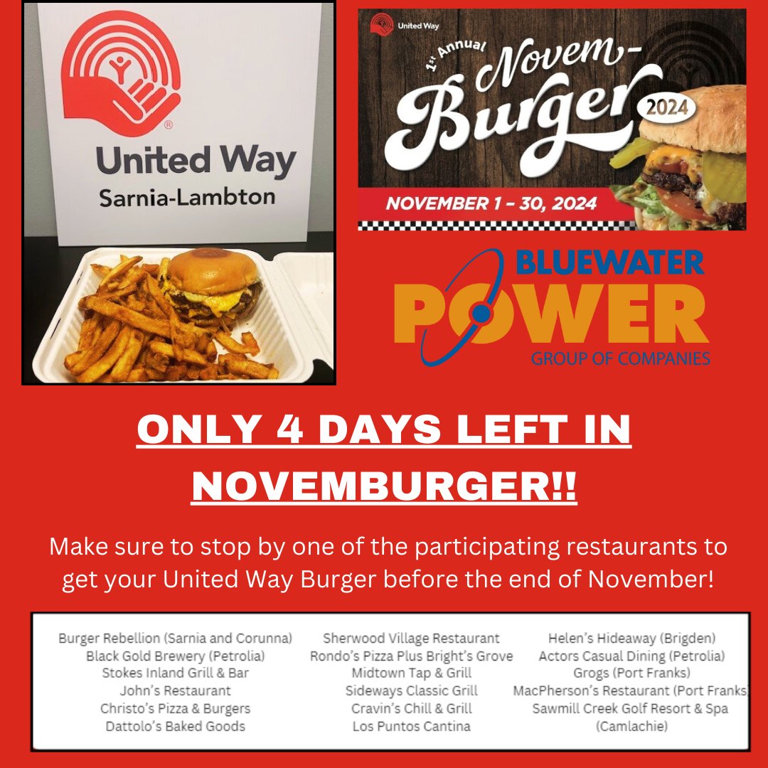 There’s only a few days left to indulge in Novemburger! $2 from each burger sold at participating restaurants will be donated to the United Way of Sarnia-Lambton. 

Thank You!

#UnitedWaySarLam #Novemburger #SarniaNibbles