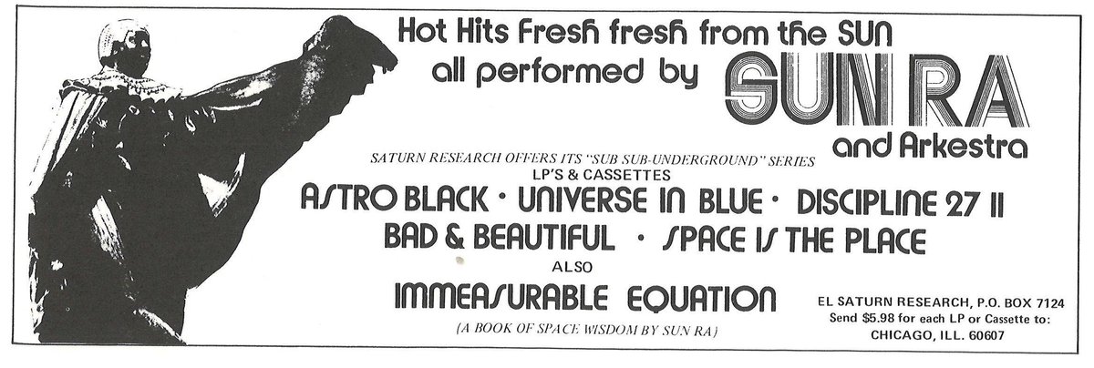 BrainfeedArchiv's tweet photo. Saturn Research advertisement for @SunRaUniverse records in 'Coda', October 1975 #sunra #sunraarkestra #freejazz #jazz #afrofuturism https://t.co/T9DhonQLxk