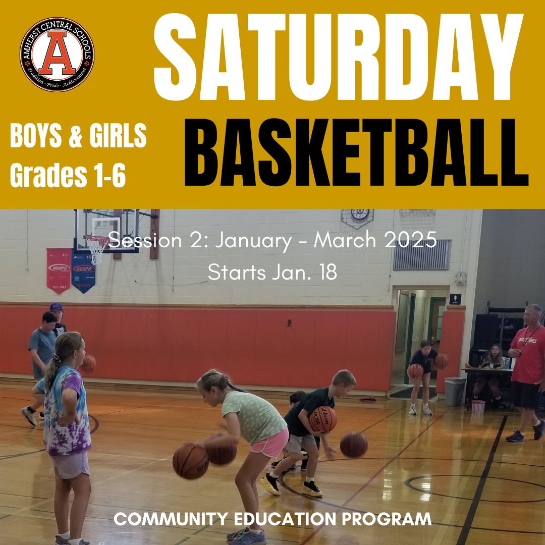 Registration is open for Session 2 of Saturday Basketball with Coach Wheeler for boys and girls in grades 1-6 through Community Education. Starts Jan. 18, 2025 and includes eight sessions. Register at amherstschools.revtrak.net/Community-Ed/