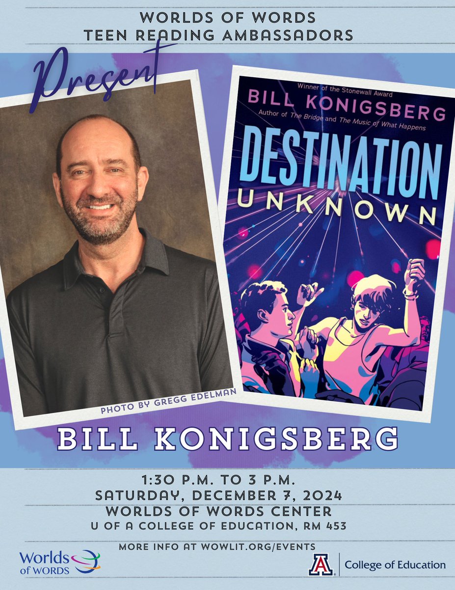 WorldsOfWords's tweet photo. The WOW Teen Reading Ambassadors invite you to meet Bill Konigsberg! Join us on December 7th to discuss his novel Destination Unknown. More info below:
https://t.co/LdVuXkNx0d https://t.co/9LAPuAdvHS