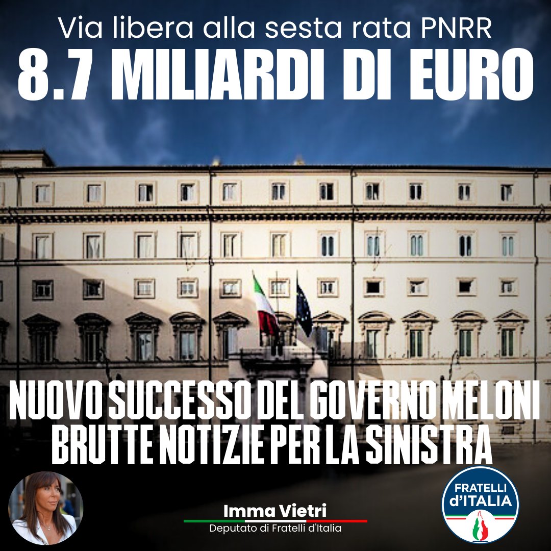 🔵Una nuova brutta notizia per la sinistra che tifa contro l'Italia e ne vorrebbe l'isolamento internazionale. 

Un altro successo del #GovernoMeloni di cui tutti dovrebbero essere fieri. 

#fratelliditalia #PNRR