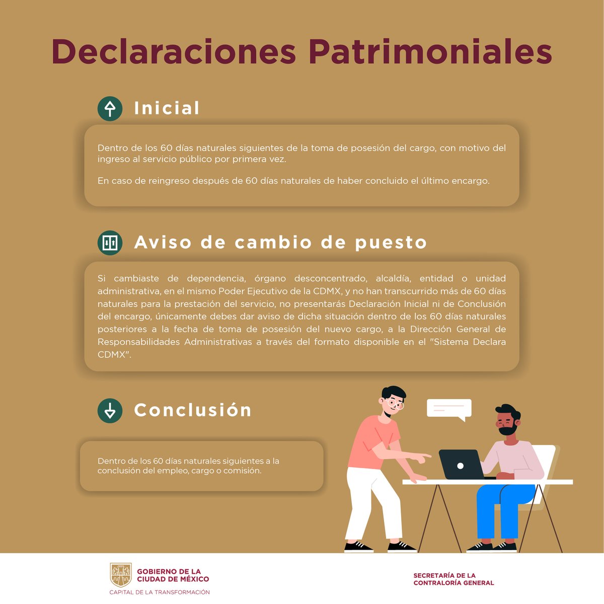 #Infórmate➡️Conoce los tipos de Declaración de Situación Patrimonial y de Intereses que toda persona servidora pública debe presentar. 👩‍💻✅
Más información 👇
bit.ly/declaracdmx