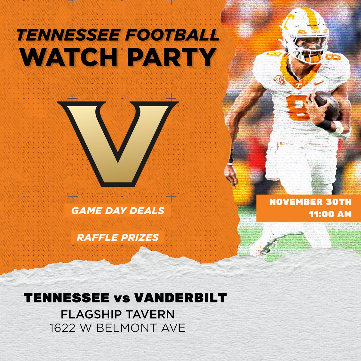 Tennessee vs Vanderbilt watch party at Flagship Tavern at 11:00 AM CST this Saturday, November 30th! Come out and support the Vols at the only official watch party in Chicago!!