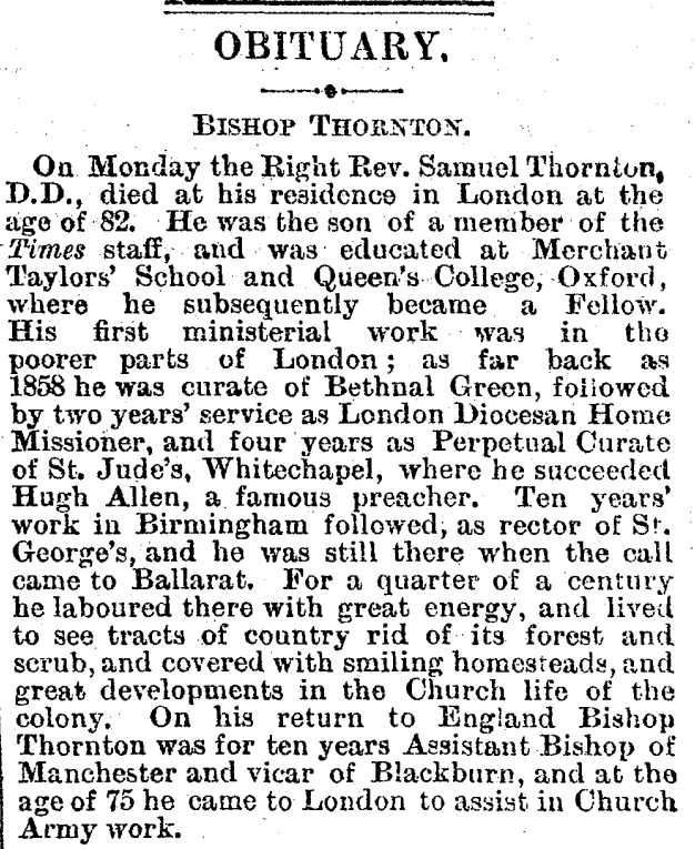 AustAnglican's tweet image. 27 November 1917: death of the Rt Revd Samuel Thornton, aged 82. He served as first Bishop of Ballarat 1875-1900. #anglican @ballaratang #107years Biography: adb.anu.edu.au/biography/thor… The Diocese of Ballarat will be celebrating its sesquicentenary in 2025.
