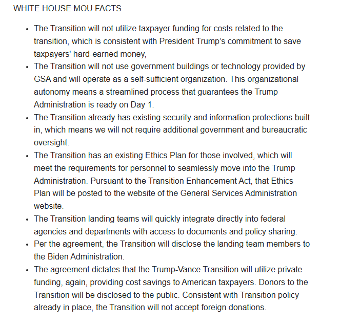 EricLDaugh's tweet photo. 🚨 BREAKING: Trump transition team signs memorandum of understanding with the Biden White House.

It will allow Trump's Cabinet nominees to begin "critical preparation," such as sending "landing teams" into every department. https://t.co/MQgOj0GrLf