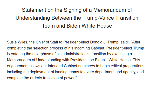 EricLDaugh's tweet photo. 🚨 BREAKING: Trump transition team signs memorandum of understanding with the Biden White House.

It will allow Trump's Cabinet nominees to begin "critical preparation," such as sending "landing teams" into every department. https://t.co/MQgOj0GrLf