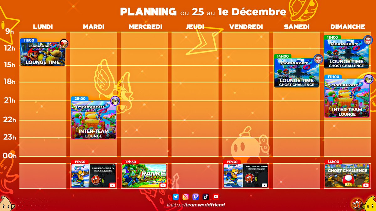 Salut à tous ! 👋🏻

Voici le planning pour cette dernière semaine de Novembre 🗓️

Au programme :
- Du Lounge en stream et sur YouTube avec Soren !
- Ghost Challenge avec Huglou 👻
- Les rediffusions de notre parcours au MKC Frontier sur YouTube 🎥
- Des Inter-Team avec l'équipe