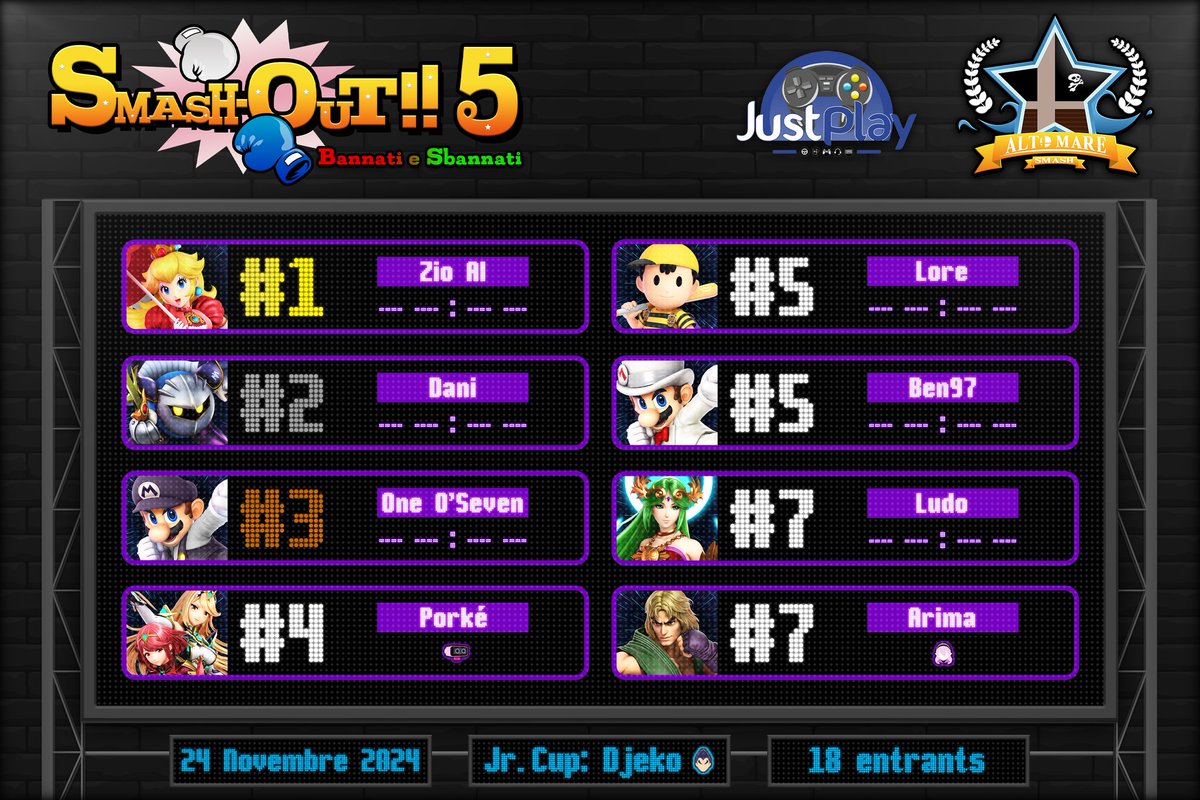 Smash-Out!! 5 - Bannati e Sbannati. [18 Entrants/Palermo]
Congratulations to Zio Al winning the tournament 3-2 against <a href="/MK_Dany03/">MK Dany | Video Editor/Graphic Designer</a> after a bracket reset!

Bracket: start.gg/tournament/sma…