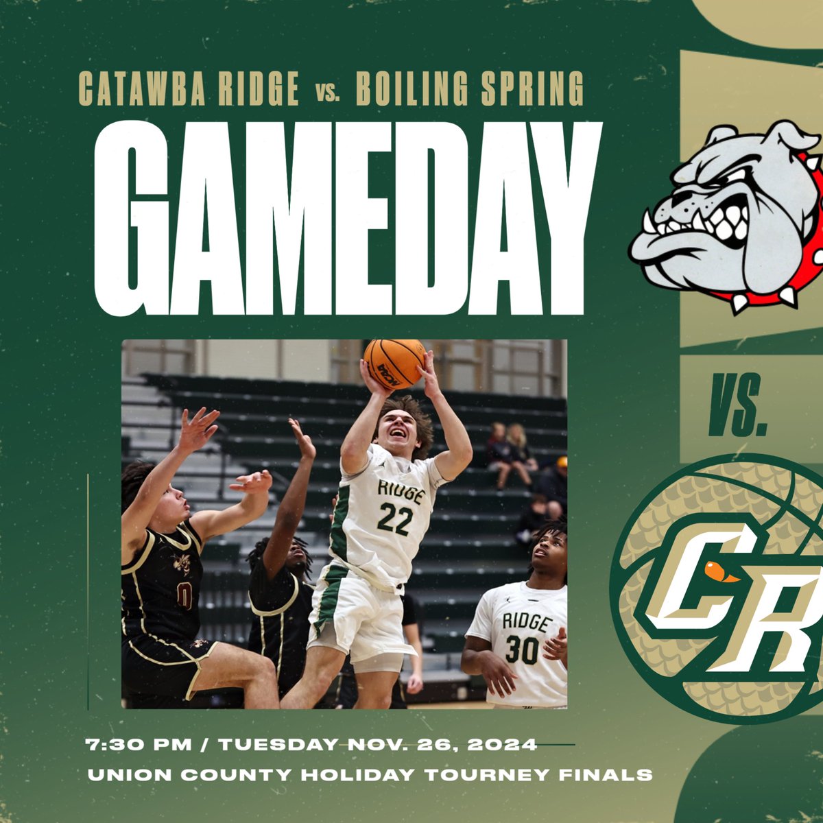 🚨GAMEDAY

Game #2

CR vs. BOILING SPRINGS    

@ UNION CO. HOLIDAY TOURNEY 

FINALS

7:30 PM   

Let's Go.

#Ridgeboys