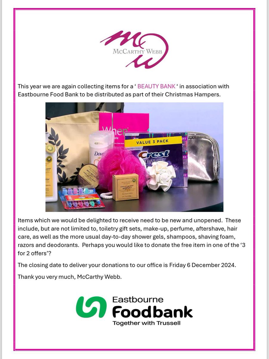 McCarthyWebbSol's tweet photo. We are collecting items for a “beauty bank” for @EastbourneFB’s #Christmas Hampers. To help, please bring in your new unopened toiletries, make-up, perfume, aftershave, haircare, shower gels, shampoos, shaving foam, razors or deodorants by 6 December - thank you!🎄 https://t.co/oNTZlmbhuC