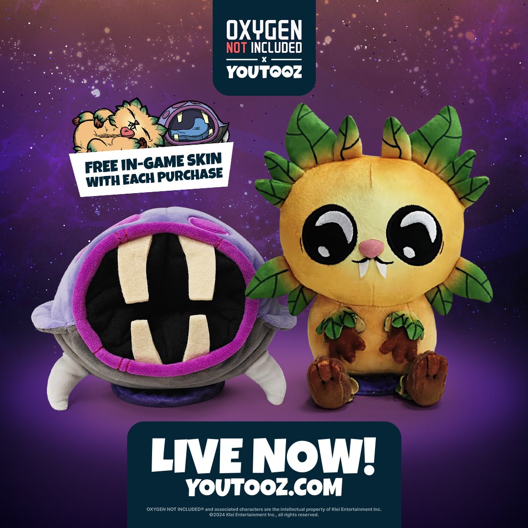 It's time to blast off! New #OxygenNotIncluded  Pipsqueak &amp; Hatch Shoulder Rider plush are available to pre-order now on <a href="/youtooz/">youtooz</a>!

Each comes with a unique in-game comfy bed skin &amp; a soft magnetic pad to let them ride on your shoulder! 

youtooz.com/collections/ox…