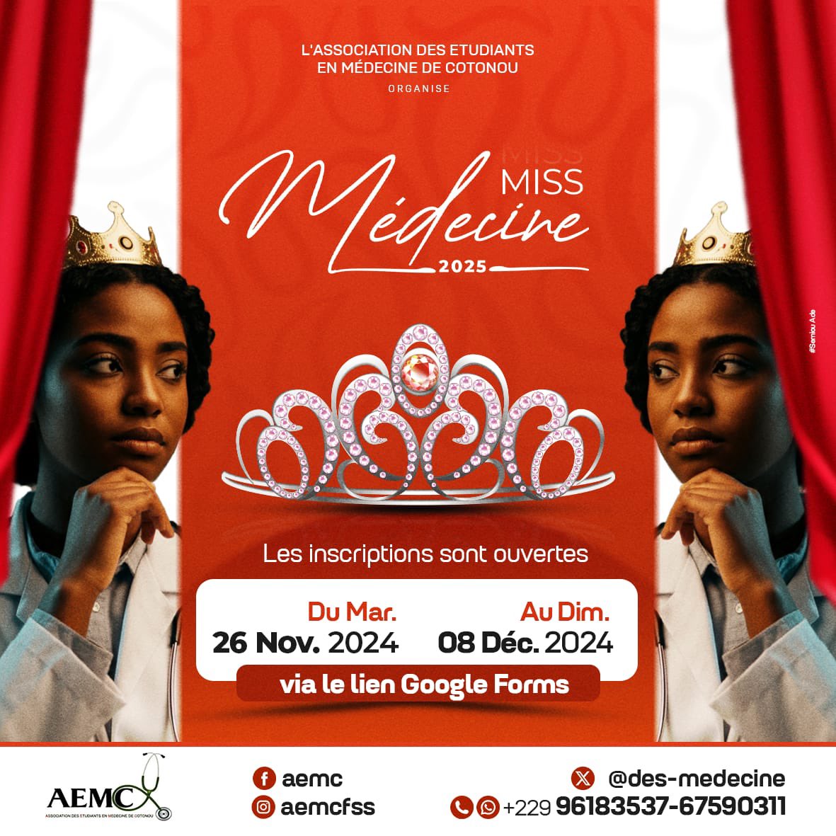 Hellooooo 🥳🥳🥳
On l'a annoncée, la voici 😝😝
La deuxième édition du concours _MISS Médecine_👑
“Beauty and Brain”, ce sera le slogan 😏

Venez arracher la couronne qui vous est due ! 
Inscrivez-vous ici pour relever le défi 😎😍✨

surveyheart.com/form/652c4113f…