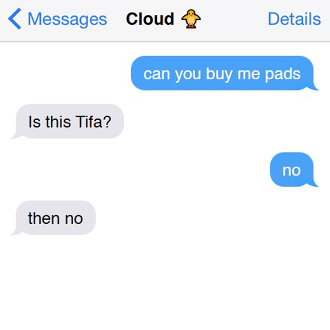 jammybear21's tweet image. How FF7R characters would respond to a "buy me pads" text.

Thread 🧵🧵🧵