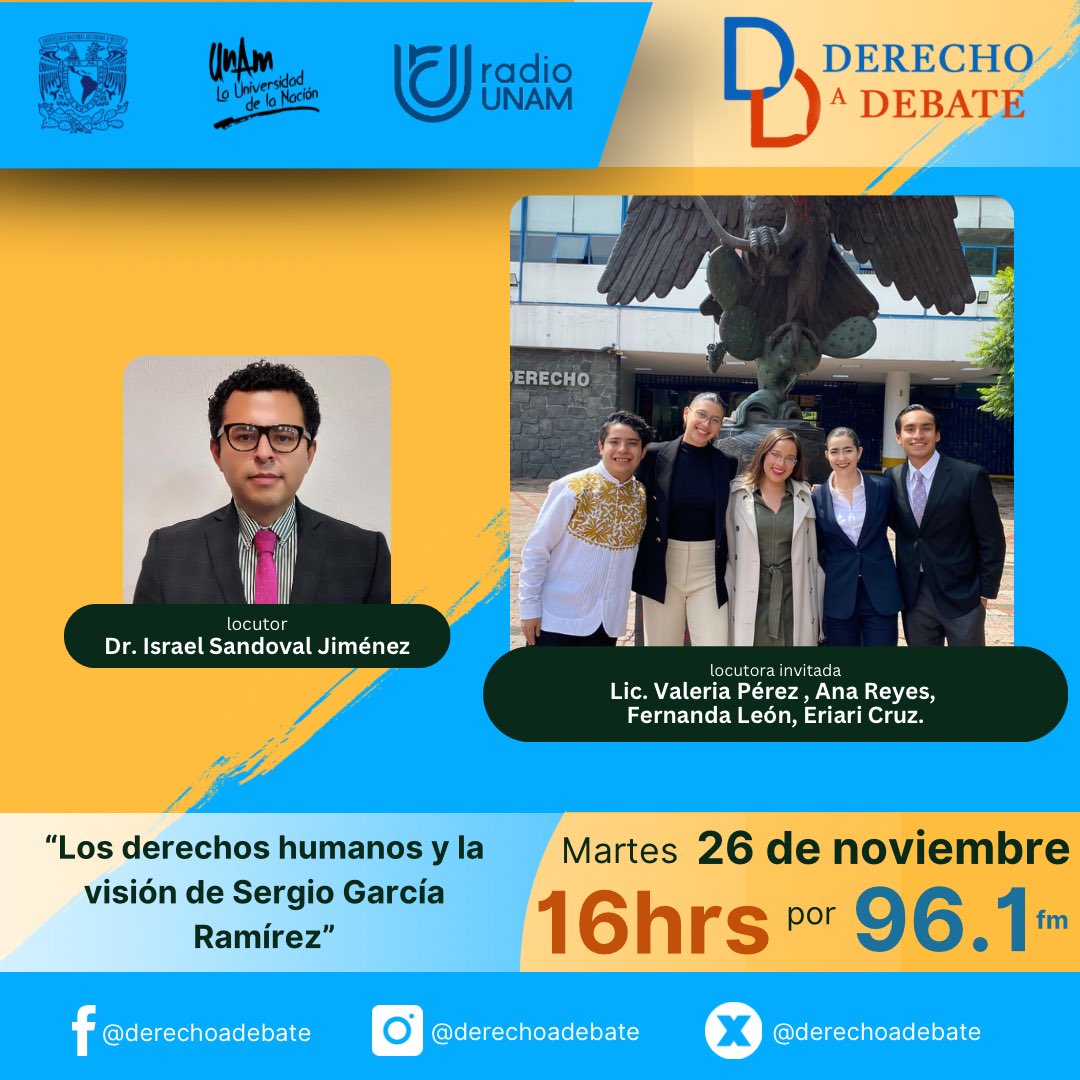 #hoy por <a href="/RadioUNAM/">Radio UNAM</a> 96.1fm hablaremos sobre #ddhh y la visión de #sergiogarciaramirez con la destacada participación de #valeriaperez #anaReyes #fernandaleon #eriaricruz
🎙️ Dr. #IsraelSandoval