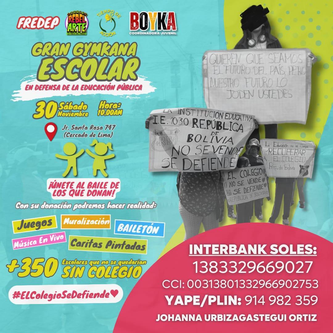 AlexFebrero_'s tweet photo. 🚨Alumnos del Colegio "República de Bolivia 1030" en  Jr. Santa Rosa 747, reclaman que su colegio fue CLAUSURADO porq lo COMPRÓ un empresario para convertirlo en un almacén con complicidad de la Municipalidad de Lima. Ahora los alumnos están organizando una Gincana y piden ayuda. https://t.co/wyede5VuUK