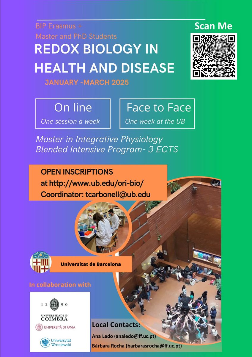 anamledo's tweet image. MSc and PhD Students:
Within the Erasmus+ Blended Intensive Program (BIP) scope, we are pleased to announce the course on Redox Biology in Health and Disease, available for 2nd and 3rd cycle students (3 ECTS). The University of Coimbra has scholarships (4-5) for participants