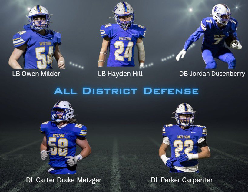 1st Team All District Defense

DL Carter Drake-Metzger
DL Parker Carpenter
LB Owen Milder
LB Hayden Hill
DB Jordan Dusenberry