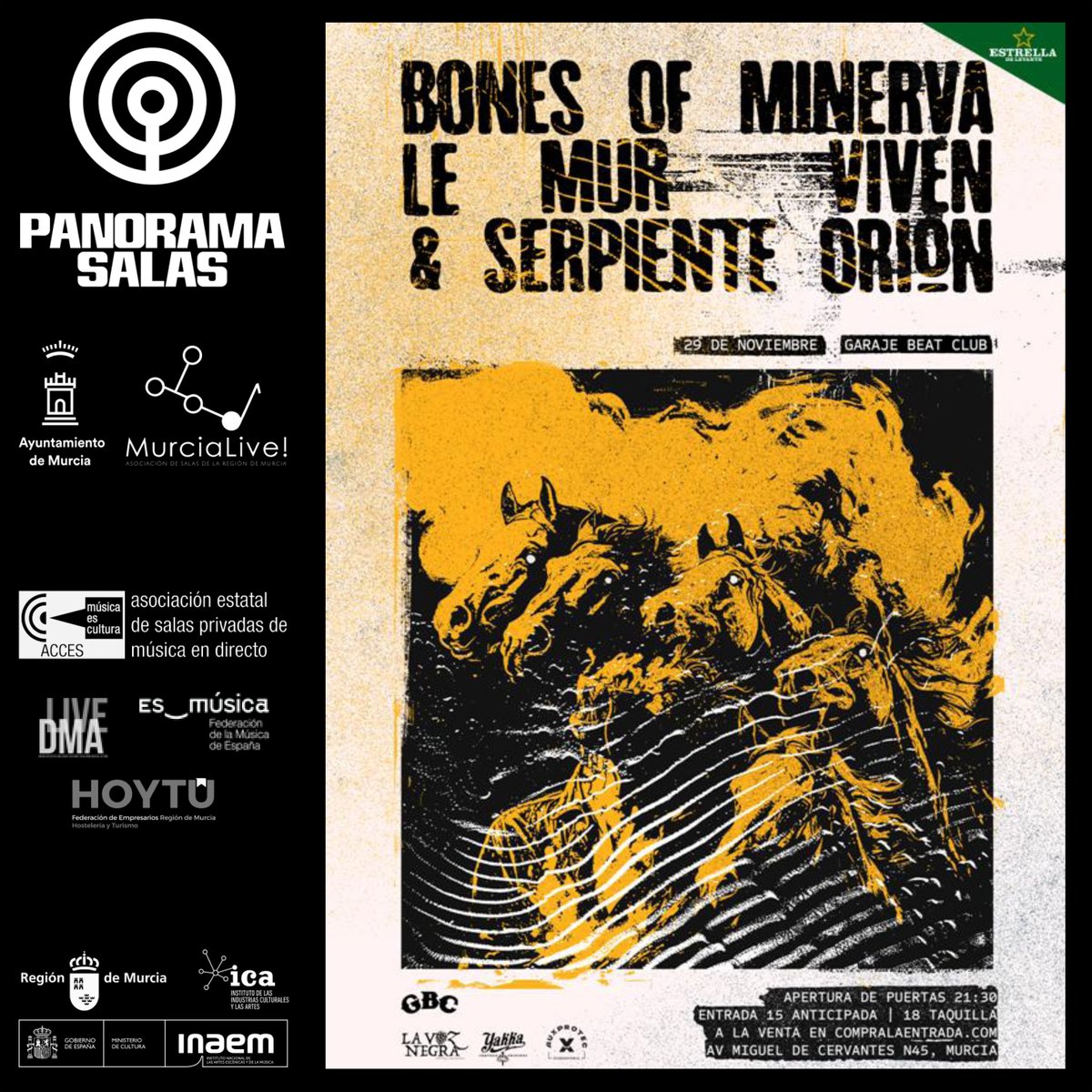 Garaje Beat Club (@garajebeatclub) on Twitter photo Planazo de viernes en <a href="/garajebeatclub/">Garaje Beat Club</a>:
21:30 . Apertura de puertas
22:00 . Show Serpiente Orión
23:00 . Show <a href="/bonesofminerva/">Bones Of Minerva</a>
00:00 . Show Viven
01:00 . Show Le Mur
Las <a href="/Salasconciertos/">Salas de Conciertos</a> son espacios de <a href="/CulturaMurcia/">Cultura de Murcia</a>.
#ApoyaTuSala Planazo de viernes en <a href="/garajebeatclub/">Garaje Beat Club</a>:
21:30 . Apertura de puertas
22:00 . Show Serpiente Orión
23:00 . Show <a href="/bonesofminerva/">Bones Of Minerva</a>
00:00 . Show Viven
01:00 . Show Le Mur
Las <a href="/Salasconciertos/">Salas de Conciertos</a> son espacios de <a href="/CulturaMurcia/">Cultura de Murcia</a>.
#ApoyaTuSala