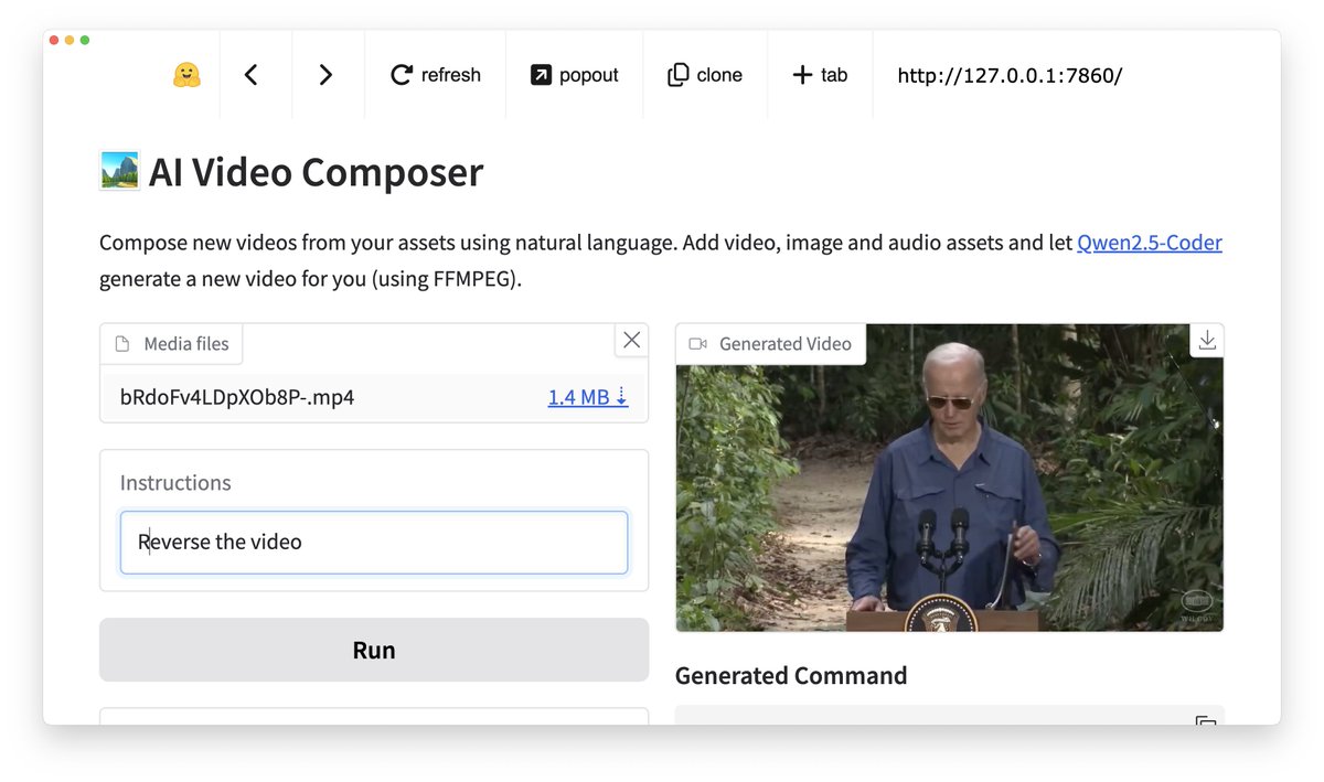 The Ultimate Video Editor

This is so crazy, it's magic. You know how there are tons of FFMPEG wrapper apps that do only 1 thing? Now you can literally TALK to <a href="/FFmpeg/">FFmpeg</a> to do ANY video editing task!

You can now run this locally with <a href="/Alibaba_Qwen/">Qwen</a> 2.5-coder:32b from <a href="/ollama/">ollama</a>