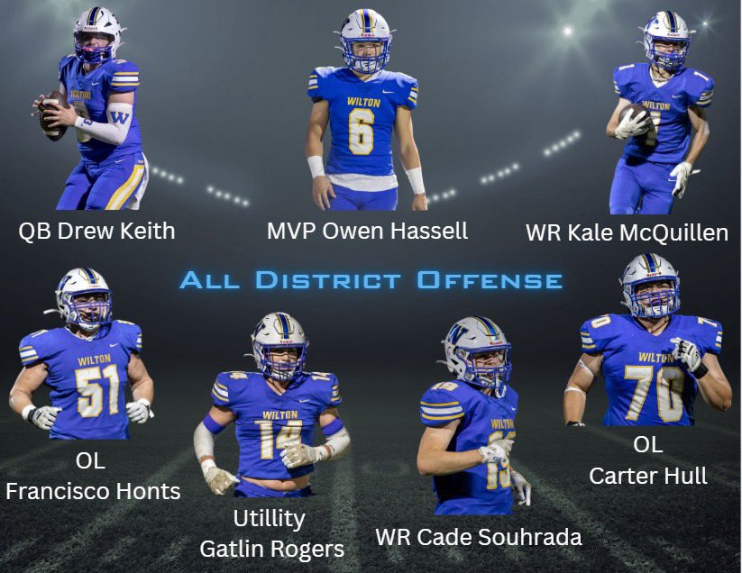 1st Team All District Offense

Off MVP Owen Hassell
QB Drew Keith
WR Kale McQuillen
WR Cade Souhrada
OL Carter Hull
OL Francisco Honts
Off Utility Gatlin Rogers