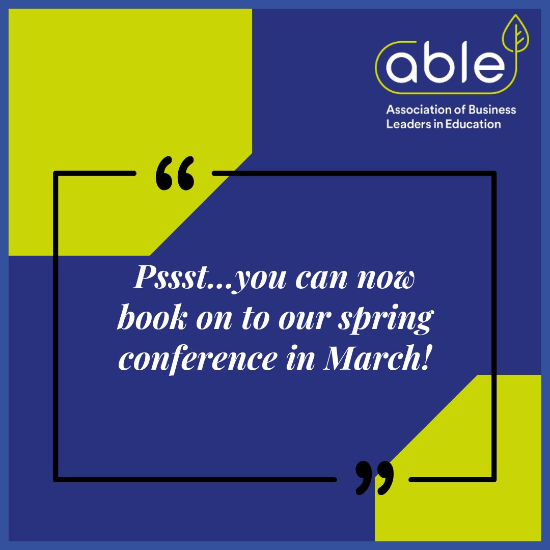 🎄 Pssst… It’s Not Even Christmas Yet, But Here’s Something for Your 2024 Diary! 🎉

The ABLE Spring Conference is open for bookings! 🌟 
📅 Free for ABLE members, £75+VAT for non-members.

🎟️ Book now: ablepro.info/conferences

#EducationUK #ABLESpringConference #Leadership