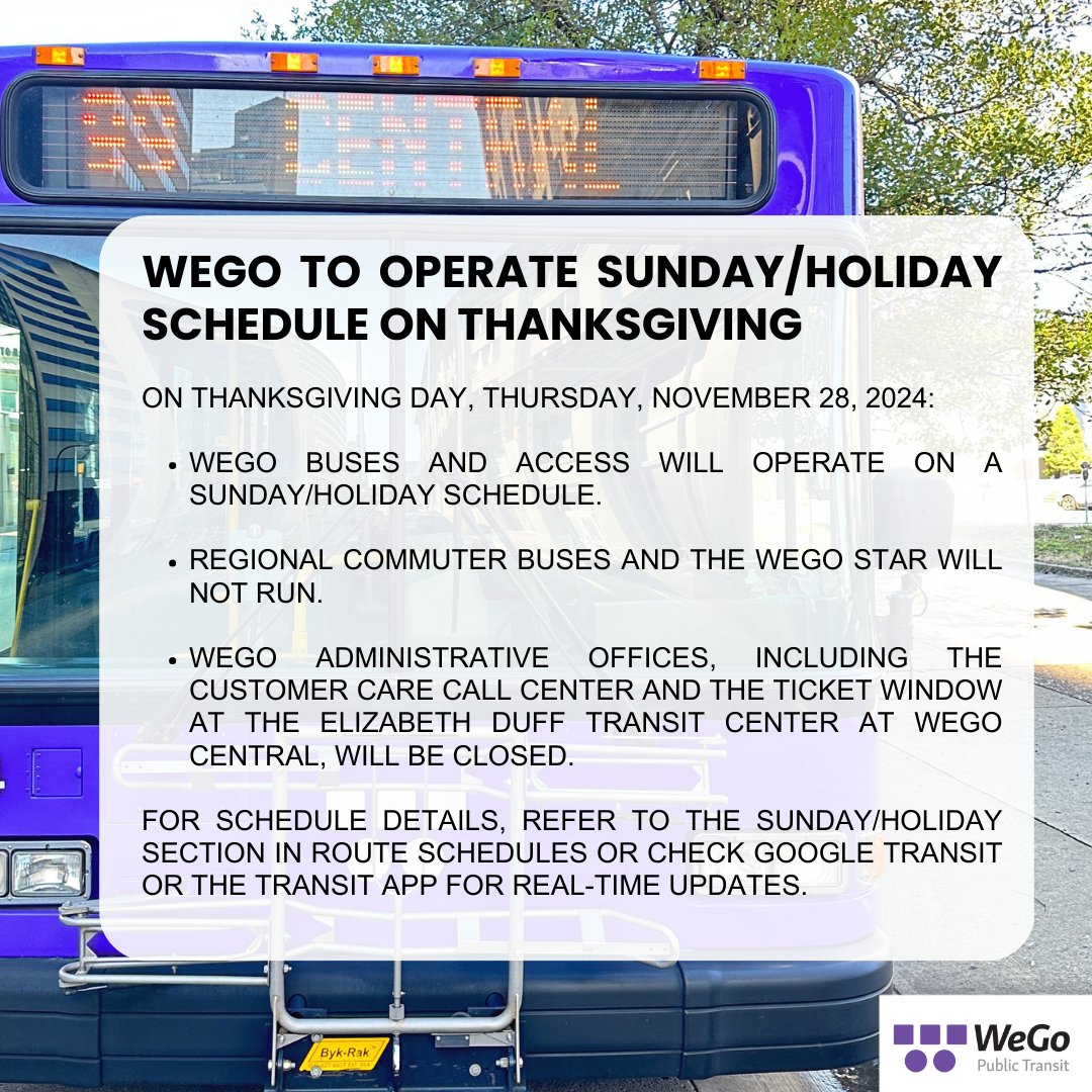 Thanksgiving Day Service Updates💜🦃! Check out our website for more info.
