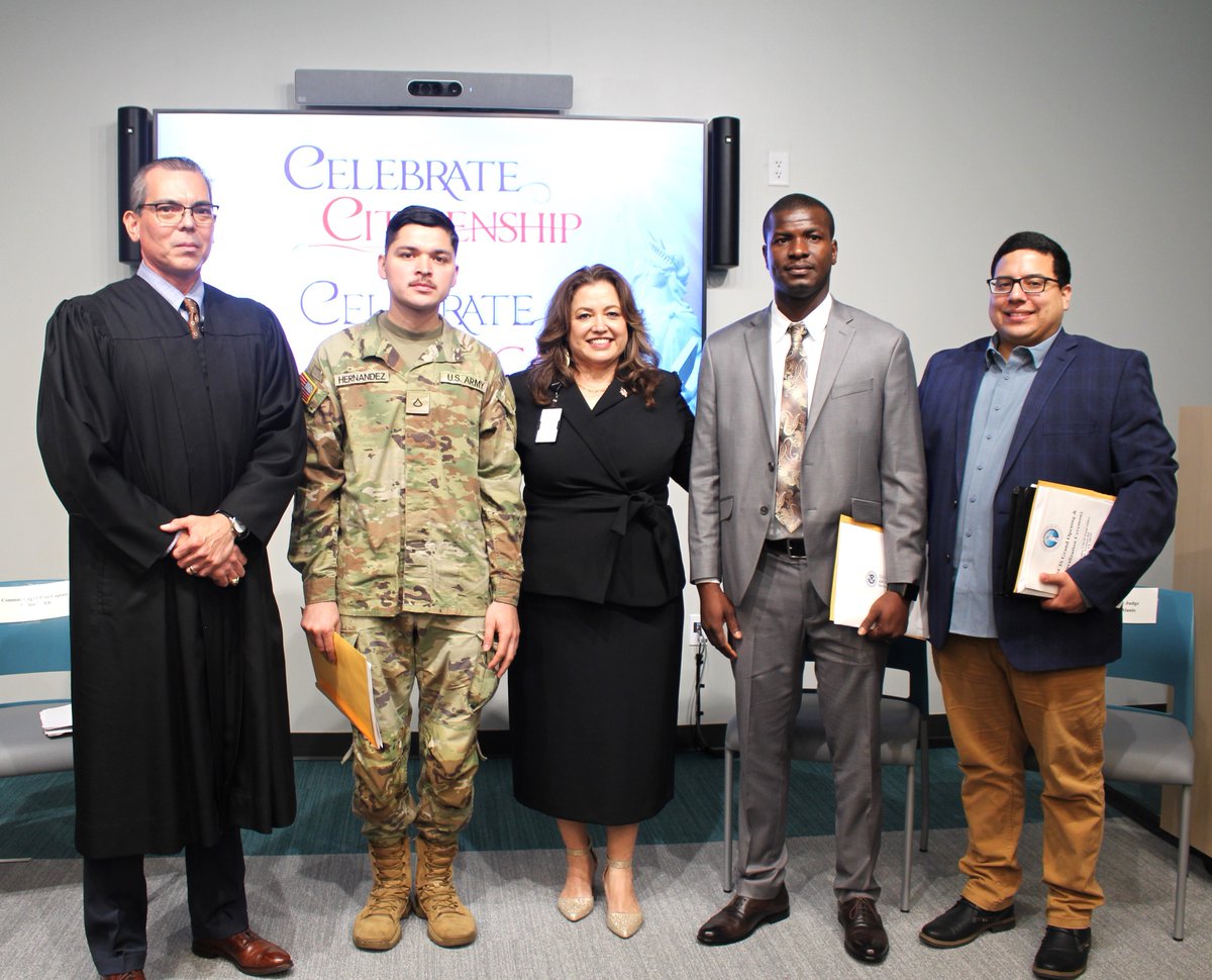 USCIS's tweet photo. We celebrated new beginnings at the grand opening of the Rio Grande Valley field office where we also welcomed 3 #NewUSCitizens! We proudly named the ceremony room after immigrant Medal of Honor recipient Alfredo “Freddy” Gonzalez, honoring his legacy of service and dedication. https://t.co/k7xtMLEIs7