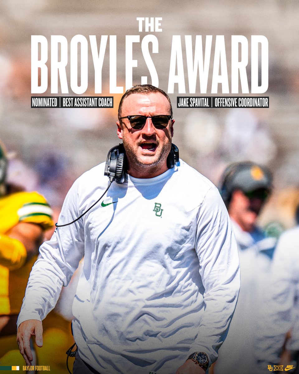 Baylor Football (@bufootball) on Twitter photo Awarded to the Best Assistant Coach in College Football ๐
<a href="/JakeSpavital/">Jake Spavital</a> has been nominated for the <a href="/BroylesAward/">The Broyles Award</a>
#SicEm Awarded to the Best Assistant Coach in College Football ๐
<a href="/JakeSpavital/">Jake Spavital</a> has been nominated for the <a href="/BroylesAward/">The Broyles Award</a>
#SicEm