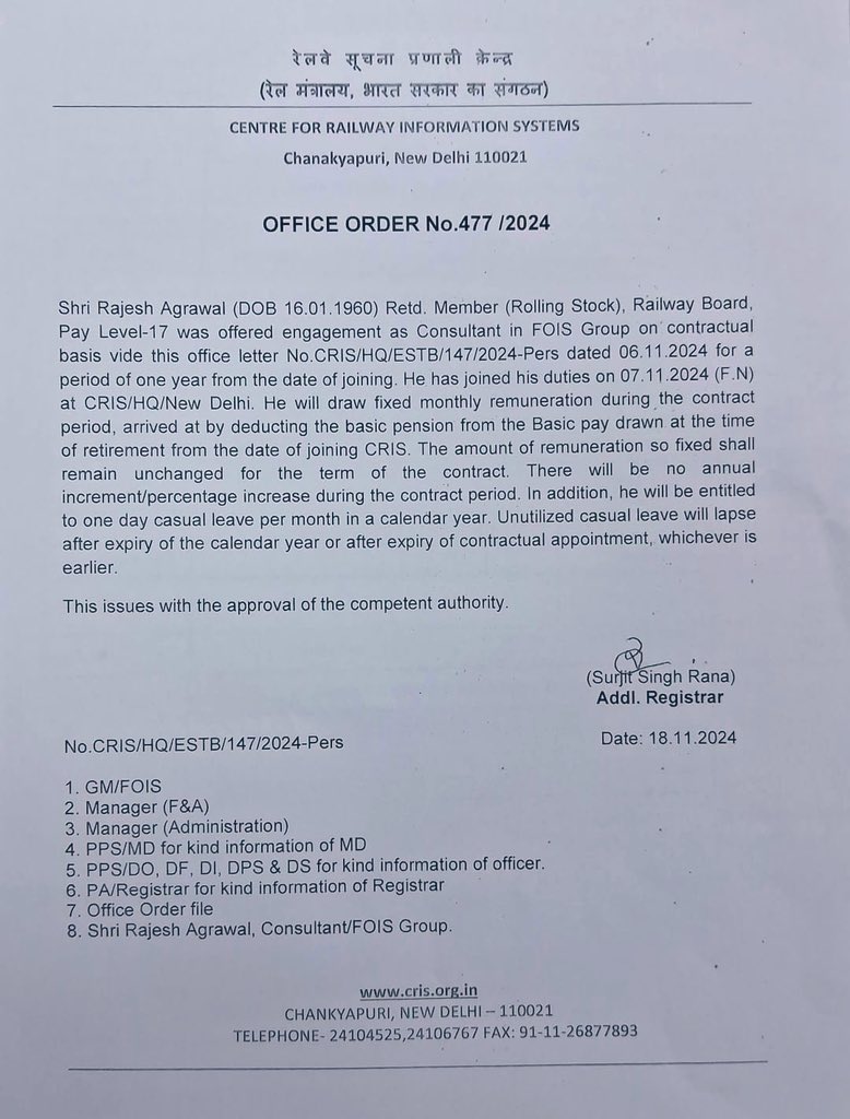 Railwhispers's tweet photo. @irsmea1 @IRSSEA_IR @IRSSE_ORG @IrpsOfficers @AssociationIras @NITIAayog @HMOIndia @PortPipavav @srinandjha @tnmishra111 @nhsrcl @RailMinIndia @YogeshM42012195 @yatrisangh @AshwiniVaishnaw @CVCIndia @amofficialCRIS @DoPTGoI Such orders cannot happen without tacit understanding of #MOBD as the list of #largesse includes two retired #CRBs, two #BoardMember and #AMs. Question now arises is how #ethical it is for MOBD to extend such largesse when he is days away from retirement.. https://t.co/JmXN435TTW
