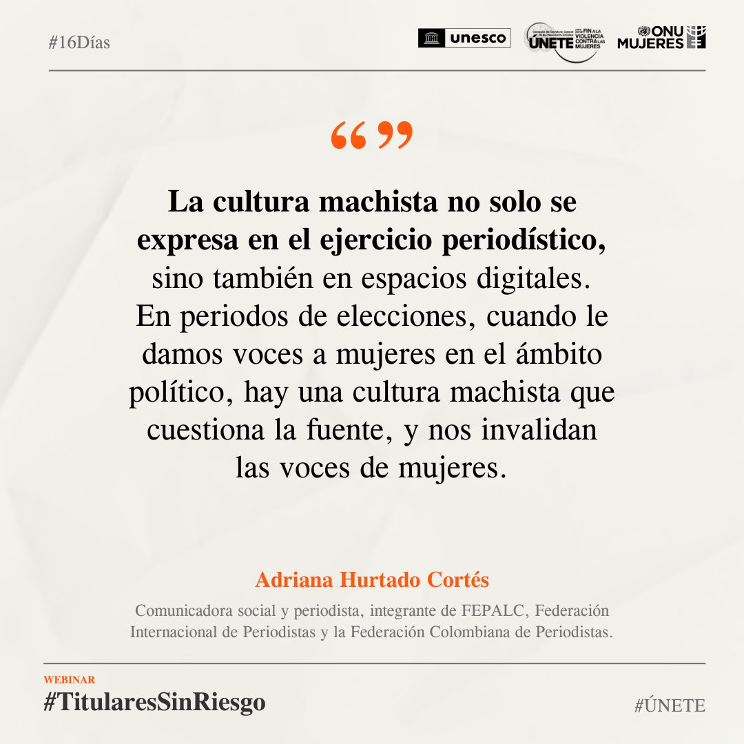 💬 “La cultura machista no solo se expresa en el ejercicio periodístico, sino también en espacios digitales”. ​

​—<a href="/adrianahurtado/">Adriana Hurtado 🔊</a> <a href="/FEPALC/">FEPALC</a> en Webinar #TitularesSinRiesgo. 🗞️ #16días #ÚNETE