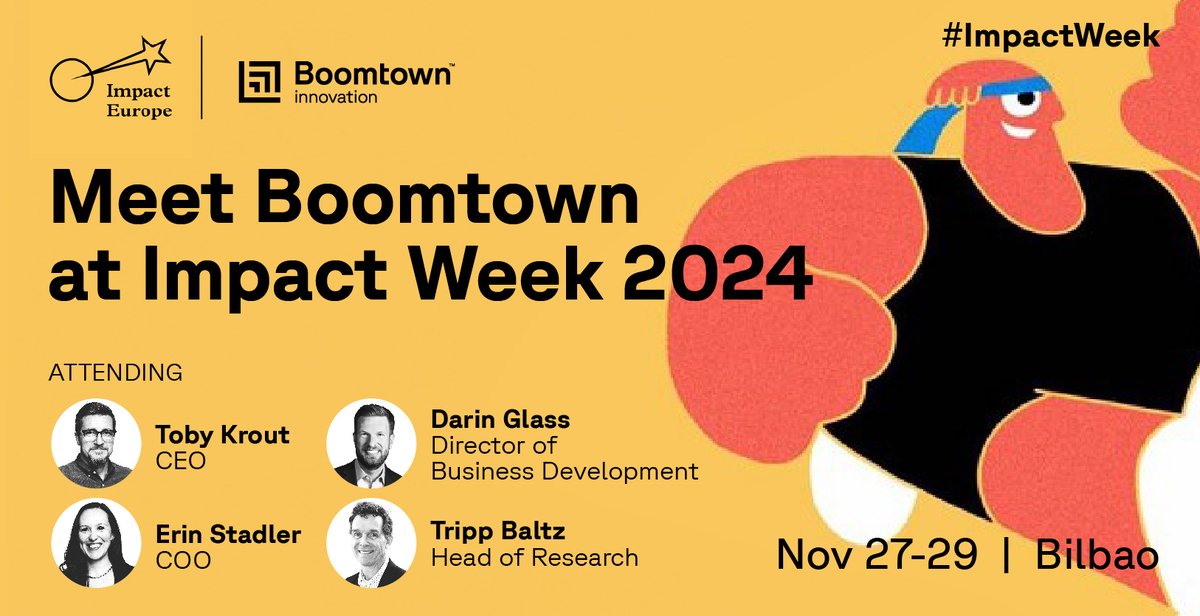 Boomtown Innovation is thrilled to be at #ImpactWeek in Europe! Our team—Toby Krout, Erin Stadler, Darin Glass, &amp; Tripp Baltz—is ready to connect, learn, and collaborate with global changemakers driving impact for people and the planet. Let’s innovate together! #Innovation