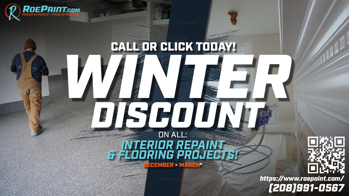 RoePaintFloors's tweet image. 🏠❄️ Winter deals are here! Get discounts on interior repaint &amp;amp; flooring projects Dec–March. Act fast—this limited-time offer won’t last! Contact us today to schedule your consultation! (208) 991-0567 hubs.la/Q02ZC3Wm0

#WinterDiscounts #HomeImprovement #RoePaint #painting