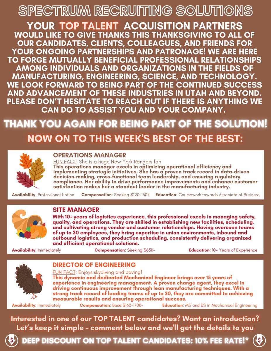 thespectrumsolu's tweet image. IT’S TOP TALENT TUESDAY! Drop a line in the comments or email Lexi@thespectrumsolution.com for an introduction.

This week’s candidates:
#OperationsManager
#SiteManager
#DirectorOfEngineering