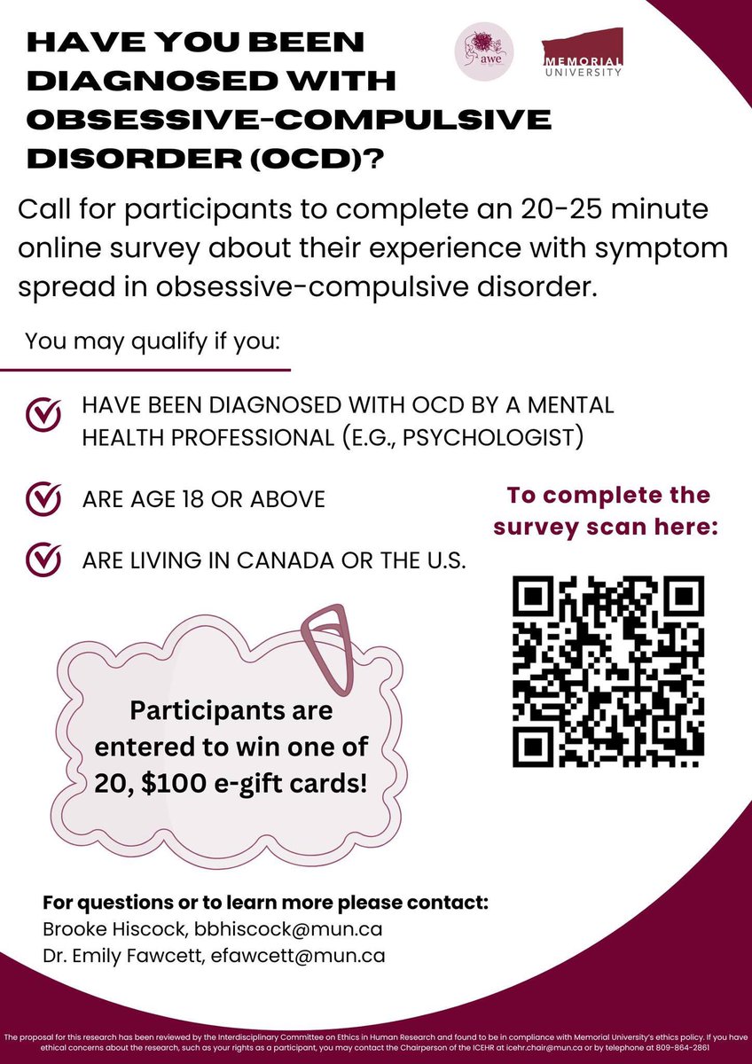 Brooke_BBH's tweet photo. Call for research participants! We are recruiting individuals who have been diagnosed with OCD, are age 18 or above, and who are living in Canada or the U.S. to complete a survey for my master’s research. Please scan the QR code in the poster below if you wish to participate. https://t.co/MLfDE8yGlf
