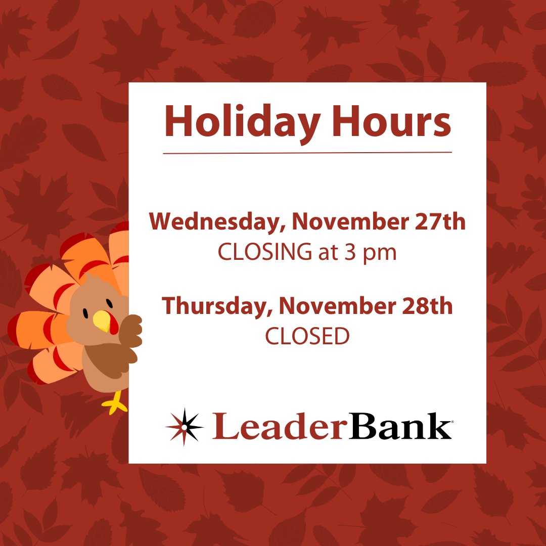 In observance of the upcoming Thanksgiving holiday, our branches will be closing at 3 pm on Wednesday, November 27th, and will remain closed on Thursday, November 28th. Our client service team will be available until 5pm on Wednesday. We hope you have a lovely Thanksgiving!