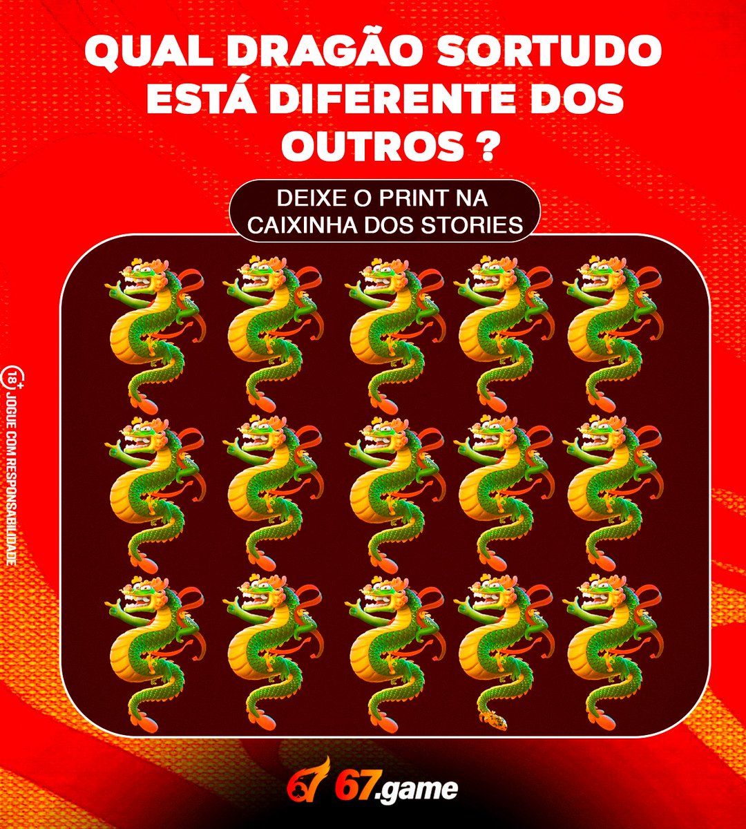 Que tal esse desafio? 🔥 Encontre o *dragão sortudo* que é diferente dos outros e marque o print nos stories! 🐉💰

Será que você consegue achar o detalhe? 👀 #Desafio67game #CassinoOnline #EncontreODiferente #SorteGrande