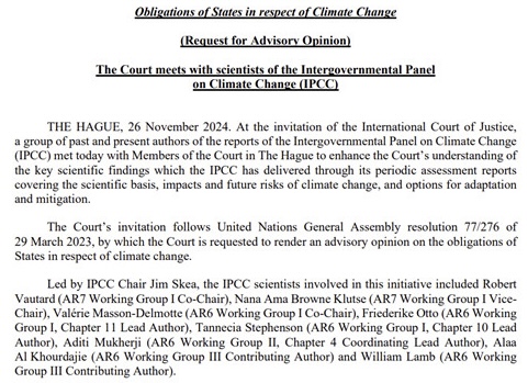 Starting next week <a href="/CIJ_ICJ/">CIJ_ICJ</a> will hold a two-week hearing in the climate change advisory proceedings. Today the Court met with the scientists who have authored various Intergovernmental Panel on Climate Change (#IPCC) reports. I find this unusual and very odd. 🧵